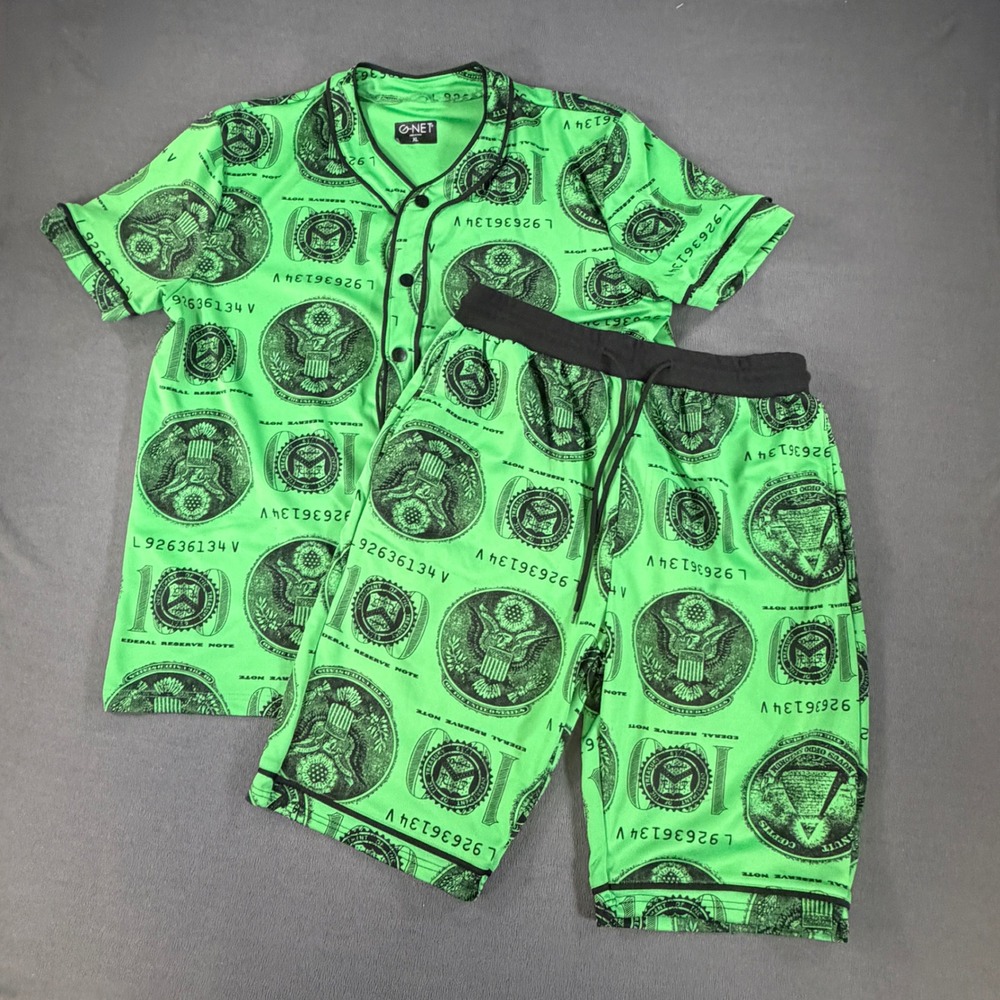 G-NET Mens XL Money Print Baseball Jersey & Shorts Set Neon Green Currency 2pc